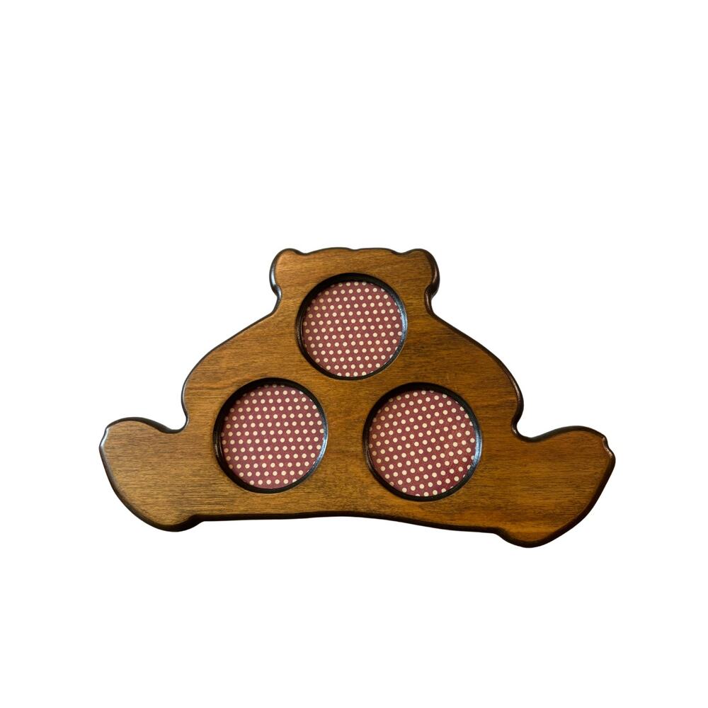 Vintage Teddy Bear Photo Wooden Frame | 3 Round Openings Wall or Tabletop